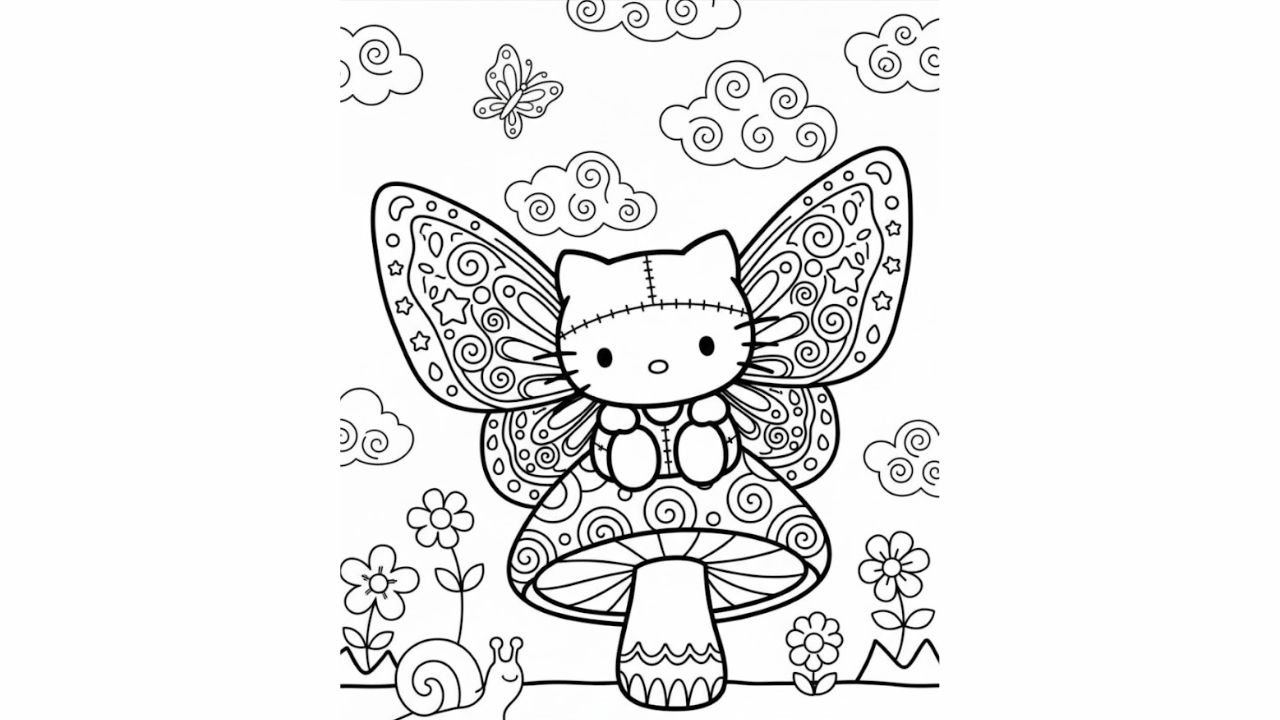 Butterfly Hello Kitty Hugging Mushroom To Color