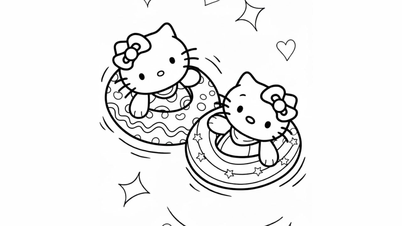 Coloring Sheet Of Hello Kitty And Mimmy In The Pool