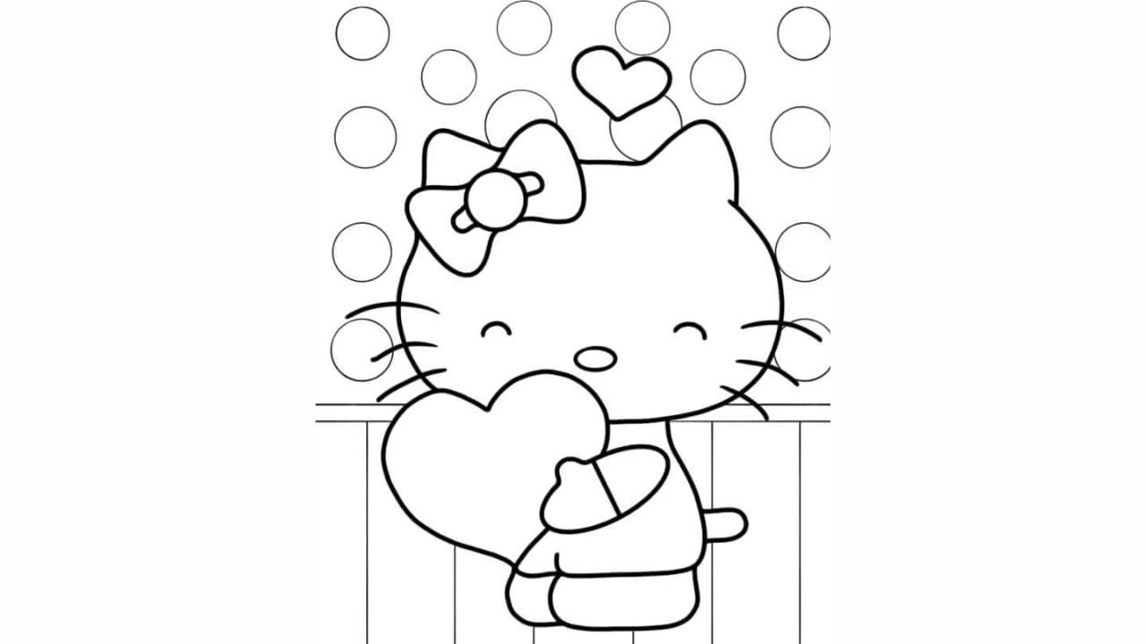 Cute Coloring Page Of Hello Kitty Holding Heart