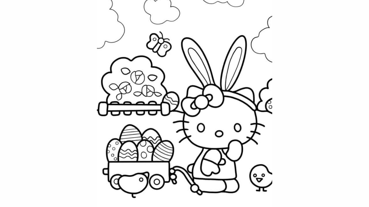 Hello Kitty Collecting Easter Eggs Coloring Sheet