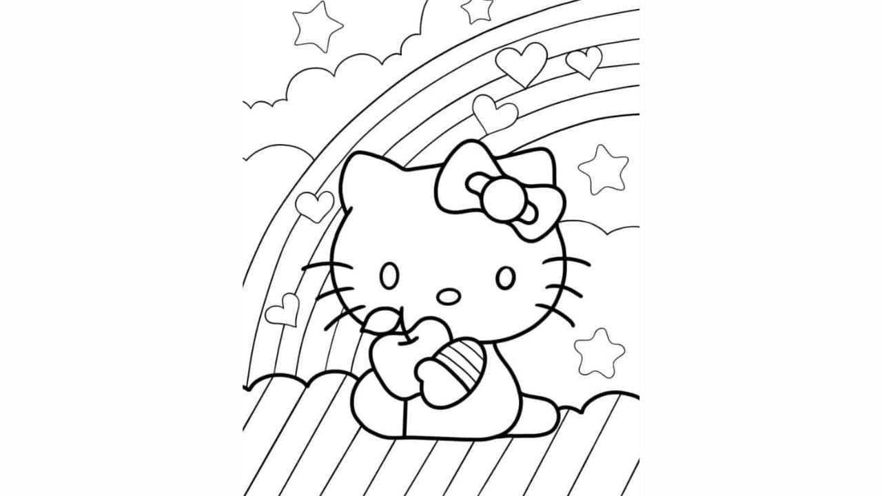 Hello Kitty Eating Apple To Color