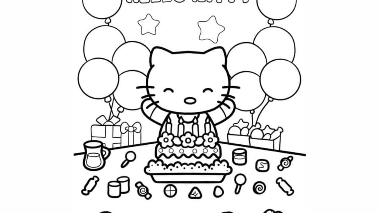 Hello Kitty Happy Birthday Greeting Coloring In