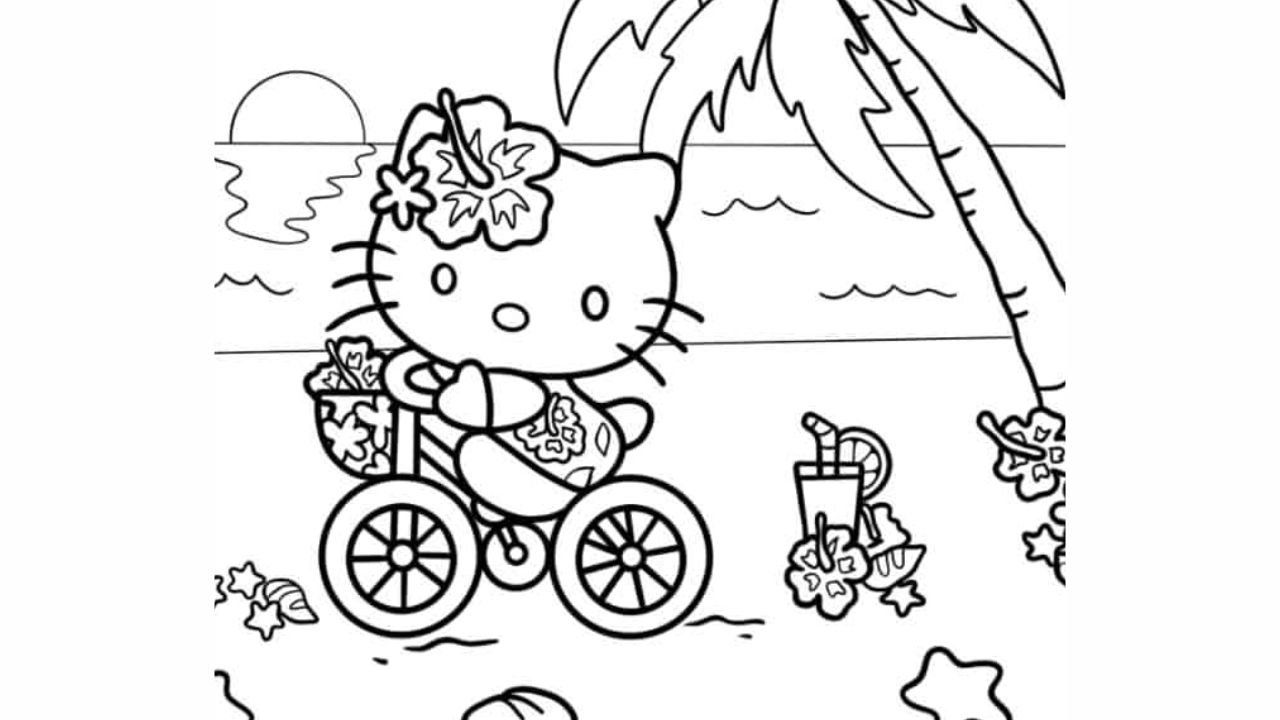 Hello Kitty Riding Bike On The Beach Coloring In