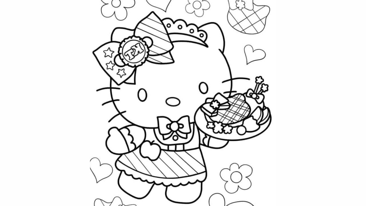Waitress Hello Kitty Serving Cake Coloring Sheet